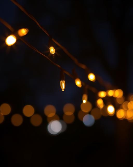 Warm string lights glowing at night