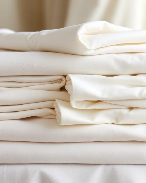 Stack of folded ivory linen tablecloths