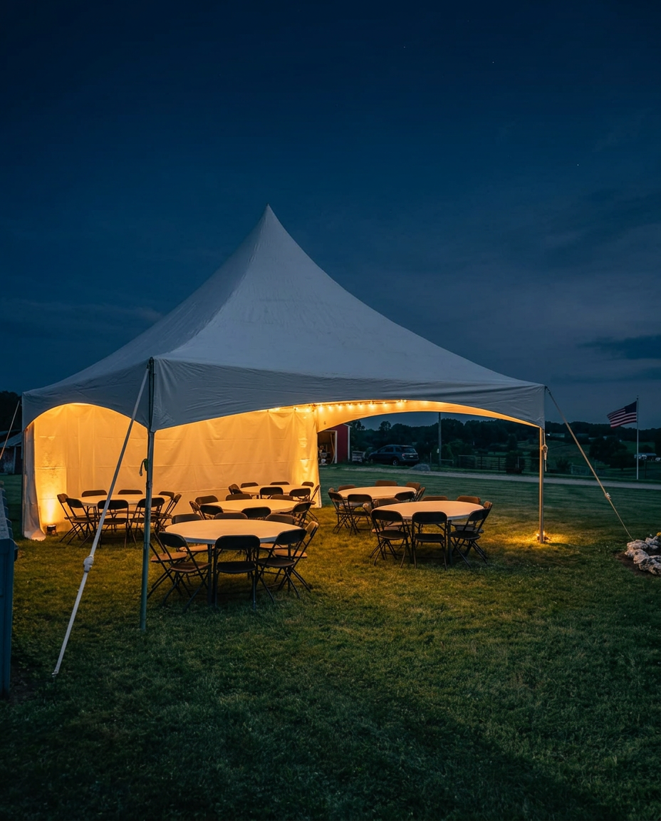 White high-peak frame tent set up on a grass lawn at dusk with round tables and black folding chairs