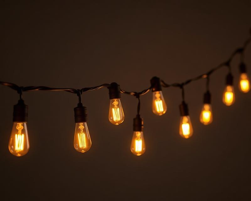 Black strand outdoor Edison bulb string lights glowing warm